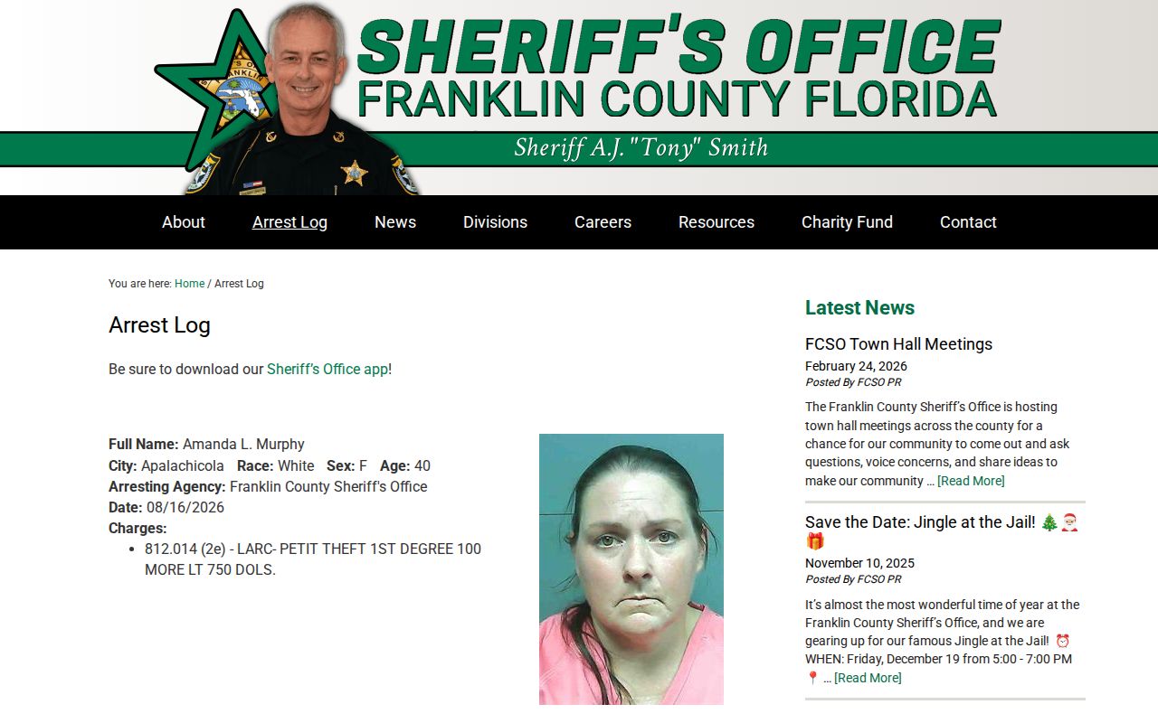 Franklin County arrest and booking log interface