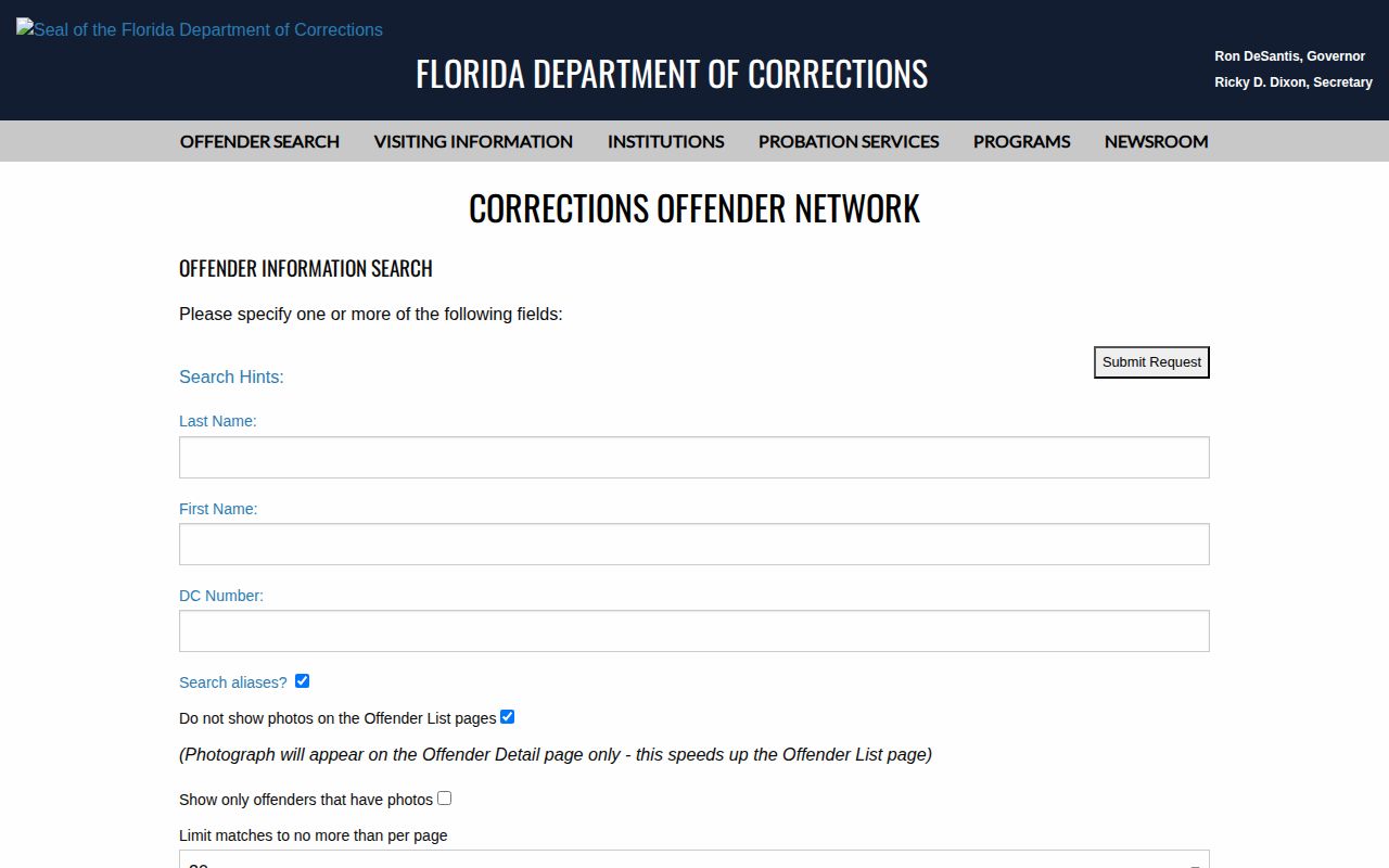Franklin County Florida DOC offender record and photo search form