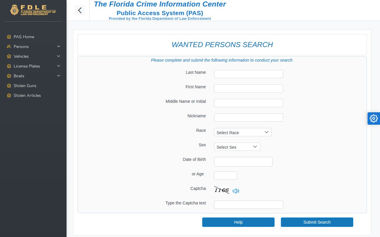 Franklin County wanted record search on the official FDLE form